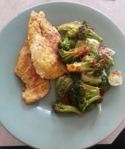Pan fried chicken breast in EVOO seasoned with home-made adobo seasoning paired with broccoli and brussel sprouts! YUM! 