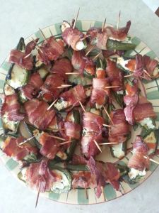 These are a problem and somewhat of an addiction. Smoked salmon and goat cheese stuffed jalapeno's wrapped in bacon.
